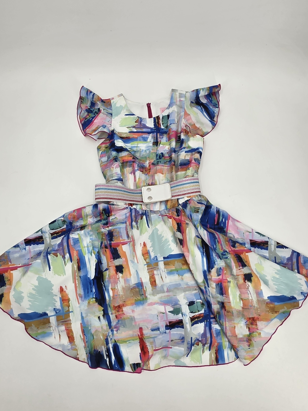 Zoe Ltd Multicolor Brushstroke Flutter-Sleeve Dress with Belt Size 12